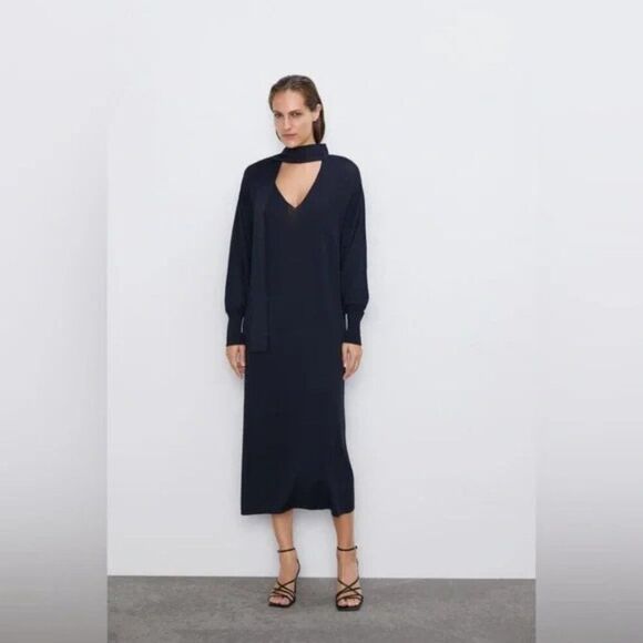 ZARA Woman Black  V Neck Cutout Choker Shift Maxi Long Tunic Dress Sz Small - Picture 1 of 12